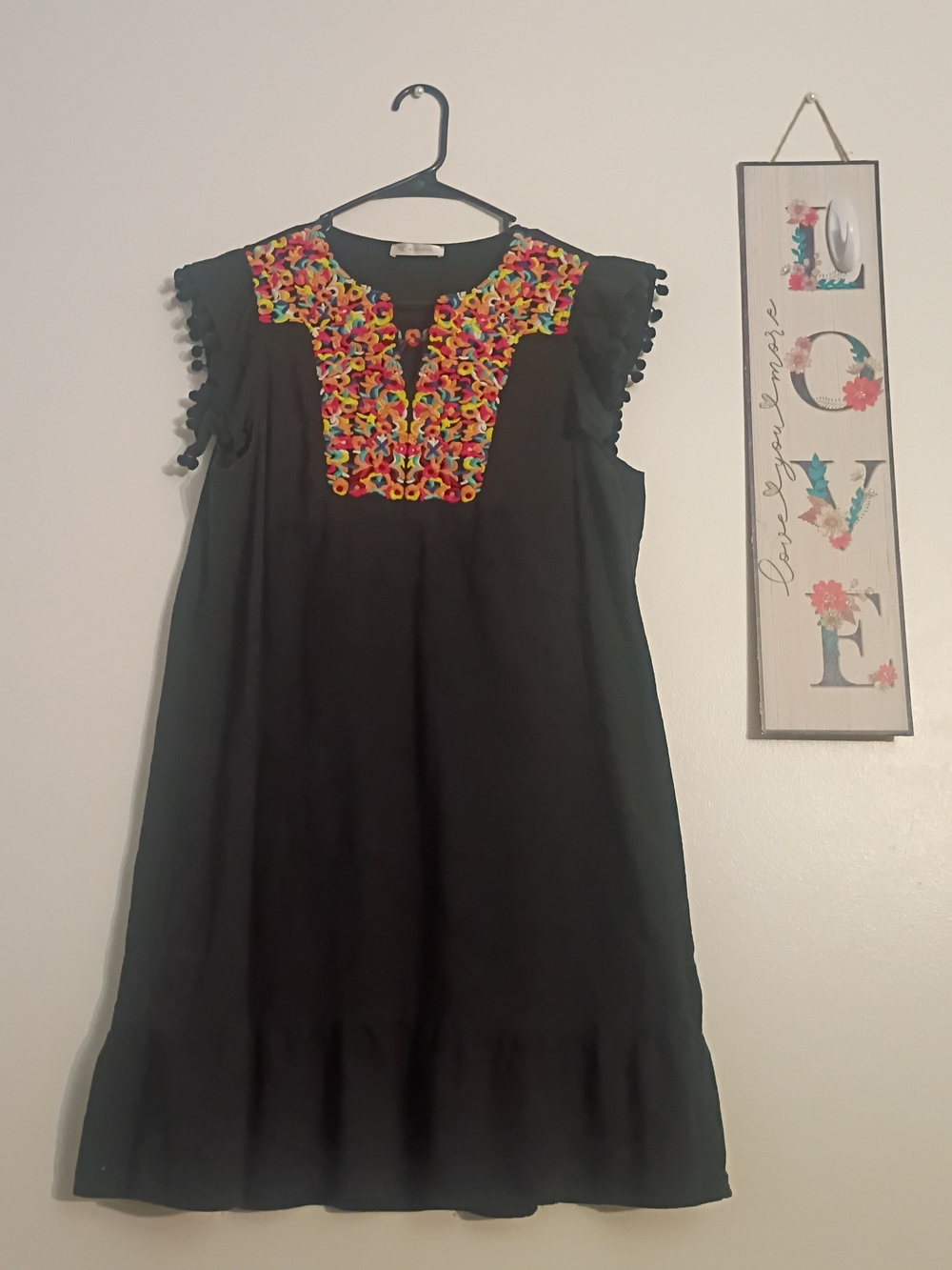 Black Mini Dress with Colorful Embroidered Yoke